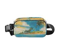 Marsupio a tracolla alla moda per donne e uomini, con tracolla regolabile, per allenamento e corsa, Cielo blu e mare, spiaggia di sabbia gialla con alcuni alberi di cocco verdi, 1 size