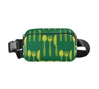 Marsupio a tracolla alla moda per donne e uomini e adolescenti, grande capacità, con cinghia regolabile, per viaggi, vacanze, corsa, forchetta, cucchiaio, coltello su sfondo verde, Forchetta Cucchiaio