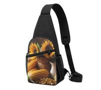 Marsupio a tracolla da donna con girasole e borsa a tracolla in legno, zaino da giorno per escursionismo e viaggio, Girasole e mais, Taglia unica