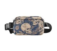 Marsupio a tracolla elegante blu e bianco con teschio misterioso, per donne e uomini, impermeabile, da viaggio, con cinturino regolabile, per viaggi, vacanze, corsa, Teschio misterioso blu e bianco, 1