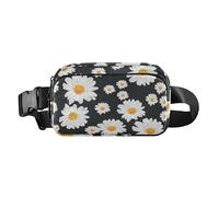 Marsupio a tracolla per donne e ragazzi, alla moda, grande capacità, con tracolla regolabile, per ciclismo, escursionismo, palestra, margherita, camomilla, fiori di camomilla, nero e bianco, Fiori