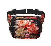 Marsupio alla moda alla moda con motivo peonie dai colori vivaci, borsa messenger unisex da viaggio sportiva, nera, taglia unica