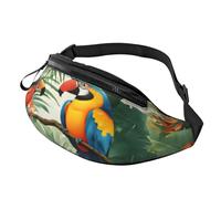 Marsupio alla moda con ara e tucano appollaiato delle foreste pluviali, marsupio per donne e uomini, casual, leggero, con tasche con cerniera regolabili, marsupio per viaggi, sport, escursionismo,