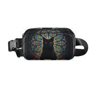 Marsupio alla moda con gatto nero con finestra di vetro colorato, per donne e uomini, impermeabile, con cinghia regolabile, per viaggi, vacanze, corsa