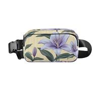 Marsupio alla moda con giglio viola chiaro e strisce gialle chiare, per donne, uomini, adolescenti, con cinghia regolabile, per viaggi, vacanze, corsa, strisce giallo chiaro fiore giglio viola chiaro