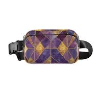 Marsupio alla moda con motivo geometrico oro e viola, stile vetro colorato, per donne, uomini, adolescenti, mini borsa a tracolla essenziale da viaggio con cinturino regolabile per viaggi, vacanze