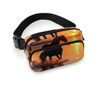 Marsupio alla moda con stampa di cavalli di lago in twill di grande capacità, un articolo indispensabile per viaggiare a mani libere, Tramonti Lago Cavalli, 20x13cm