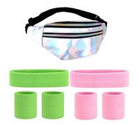 Marsupio anni '80 Neon, anni '80 anni '90, accessorio da donna con bracciali e fascia regolabile, impermeabile, per feste retrò, tema carnevale, argento, taglia unica, Universale