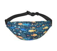 Marsupio blu subacqueo con scritta "World of Fish", grande, alla moda, da viaggio, casual, per ragazzi, adatto per sport, corsa, ciclismo, viaggi, pesca