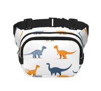 Marsupio colorato a doppio strato con dinosauri in stile cartone animato Dino Marsupio per uomini e donne, marsupio regolabile per viaggi, escursionismo, corsa, ciclismo, festival