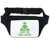 Marsupio con cuffie e scritta "Shut Up and Listen", colore: bianco