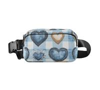 Marsupio con cuori blu a quadretti blu denim marrone pizzo accento moda marsupio per donne uomini borsa a tracolla resistente all'acqua con cinghia regolabile per allenamento, corsa, escursionismo