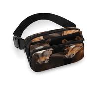 Marsupio con due cavalli in piedi su sfondo nero, con cinghia regolabile, alla moda, per sport all'aria aperta, escursionismo, bianco, 20 x 13 cm, marsupio stampato