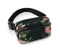 Marsupio con fiori su sfondo nero, per donne e uomini, impermeabile, con cintura regolabile, borsa a tracolla casual, da viaggio, per sport, corsa, ciclismo, bianco, 20 x 13 cm, marsupio, Bianco,