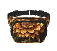 Marsupio con girasole su sfondo nero, regolabile, grande, da viaggio, unisex