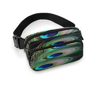 Marsupio con piume di pavone verde con cinghia regolabile Marsupio alla moda per sport all'aria aperta escursionismo, bianco, 20 x 13 cm, marsupio stampato