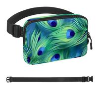 Marsupio con piume di pavone verde e blu, per donne e uomini, borsa a tracolla con tasche con cerniera, marsupio impermeabile con cinturino regolabile per allenamento, corsa, viaggi, escursionismo,