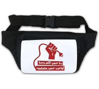 Marsupio con scritta "Turn Off Your Tv Reclaim Your World Revolution Fist", colore: bianco