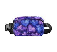 Marsupio con sfondo blu con un sacco di cuori viola, alla moda, per donne e uomini, resistente all'acqua, borsa a tracolla per passaporto con cinghia regolabile, per ciclismo, escursionismo, palestra,