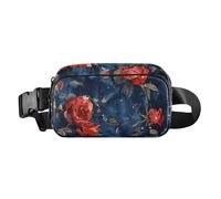 Marsupio con sfondo blu navy con rose rosse al centro, alla moda, per donne e uomini, mini borsa a tracolla con tracolla regolabile per allenamento, corsa, escursionismo, Sfondo blu navy con rose