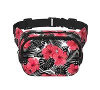 Marsupio con stampa di ibisco rosso, elegante e pratico, regolabile, perfetto per viaggi e attività all'aperto, Nero , Taglia unica