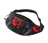 Marsupio con stampa di rose rosse e foglie nere, unisex, leggero ed elegante, per viaggi, escursionismo, ciclismo, corsa