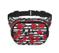 Marsupio con stampa di rose rosse e strisce bianche e nere, con estensore, per uomini e donne, marsupio con tasche con cerniera, nero, Taglia unica