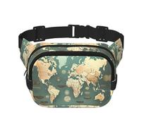 Marsupio con stampa retrò con mappa del mondo, con estensione, per uomini e donne, marsupio con tasche con cerniera, nero, Taglia unica