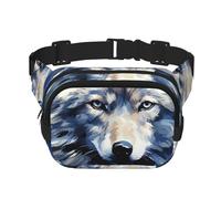 Marsupio con testa di lupo su sfondo blu, regolabile, grande, da viaggio, unisex