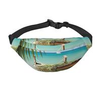 Marsupio da donna con stampa di foglie di cocco e barca sul mare, marsupio impermeabile con tasche a 3 cerniere per corsa e viaggi, nero, taglia unica, alla moda, nero, taglia unica, alla moda, Nero ,