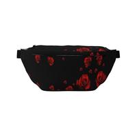 Marsupio da donna con stampa di sfondo nero con rosa rossa, grande borsa a tracolla per escursionismo, viaggi, facile da trasportare