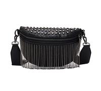Marsupio da donna in pelle sintetica con nappe in metallo, nero, Taglia unica, Moda