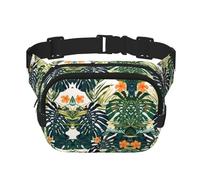 Marsupio da viaggio con stampa tropicale estiva hawaiana con foglie di palma, da uomo e da donna, quadrato, a doppio strato, per allenamento, nero, Taglia unica