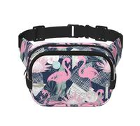 Marsupio elegante e pratico con stampa di fenicotteri rosa e foglie, regolabile, perfetto per viaggi e attività all'aperto, Nero , Taglia unica