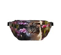 Marsupio grande con motivo floreale e gatto, regalo per sport, festival, allenamento, viaggi, corsa, casual, Nero , Taglia unica