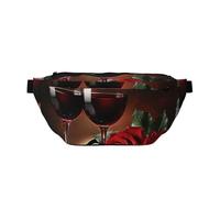 Marsupio grande con stampa romantica con rose rosse e vino, borsa a tracolla con tracolla regolabile, per escursionismo, viaggi, fitness e trasporto quotidiano, Decorazione romantica per gli amanti