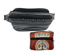 Marsupio Hippie in tessuto con portamonete in pelle artigianale con simboli andini e albero della vita | Marsupio unisex per il giorno per giorno., marrone, Hippie