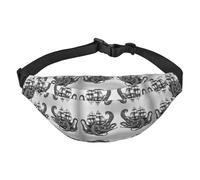Marsupio impermeabile con stampa di polpo e nave in bianco e nero con tasche a 3 cerniere per corsa e viaggi, nero, taglia unica, alla moda, nero, taglia unica, alla moda, Nero , Taglia unica, alla