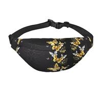 Marsupio impermeabile in poliestere con cintura regolabile, versatile borsa a tracolla per uomini e donne, Oro Bianco Farfalle Nero, Taglia unica