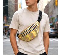 Marsupio impermeabile lucido per donne e uomini, marsupio regolabile con tasche multiple, unisex borsa da cintura olografica per viaggi, sport, corsa, escursionismo, shopping, dorato, 12.59x1.57x6.29