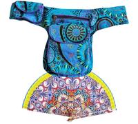 Marsupio in cotone con 3 tasche con cerniera + 1 tasca laterale a bottone - Fibbia regolabile fino a 106 cm di vita - Made in Nepal. Include ventaglio con design Mandala, blu, Taglia unica, Hippie