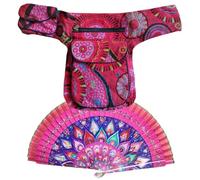 Marsupio in cotone con 3 tasche con cerniera + 1 tasca laterale a bottone - Fibbia regolabile fino a 106 cm di vita - Made in Nepal. Include ventaglio con design Mandala, rosso, Taglia unica, Hippie