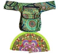 Marsupio in cotone con 3 tasche con cerniera + 1 tasca laterale a bottone - Fibbia regolabile fino a 106 cm di vita - Made in Nepal. Include ventaglio con design Mandala, verde chiaro, Taglia unica