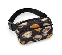 Marsupio nero con stampa di pane e caffè, borsa a tracolla per donne e uomini, marsupio per allenamento, corsa, viaggi, con cinghia regolabile