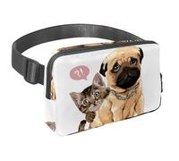 Marsupio per donne e uomini, marsupio per attività all'aperto, sottile, da corsa, per passeggiate, jogging, escursionismo, viaggi, allenamento, con gatto che si nasconde dietro a un carlino, amici e