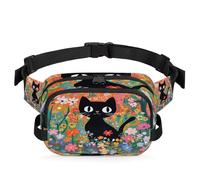 Marsupio per uomo e donna, con gatto nero tra i fiori, stampa floreale da giardino, regolabile e impermeabile, per viaggi, sport, escursionismo, corsa, Gatto nero , Taglia unica