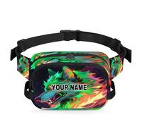 Marsupio personalizzato per uomo e donna, impermeabile con nome personalizzato da viaggio quadrato, borsa a tracolla personalizzata, borsa a tracolla, borsa a tracolla, verde lupo del fuoco, Lupo di