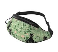 Marsupio regolabile in vita con pianta carina Kawaii gatto nero alla moda borsa a tracolla verde unisex a tracolla per turisti - Borsa leggera resistente ai furti per visite turistiche 14 x 35 cm, A25