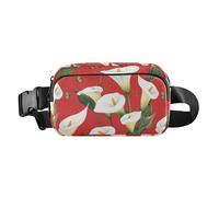 Marsupio rosso alla moda con calla e giglio in stile cartone animato, per donne e uomini, mini borsa a tracolla essenziale da viaggio, con cinghia regolabile, per ciclismo, escursionismo, palestra