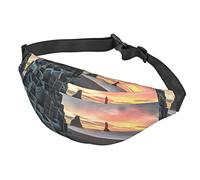 Marsupio rustico in legno con assi di legno, per donne e uomini, grande marsupio alla moda per viaggi, corsa, marsupio unisex, Alba sulla spiaggia, Taglia unica